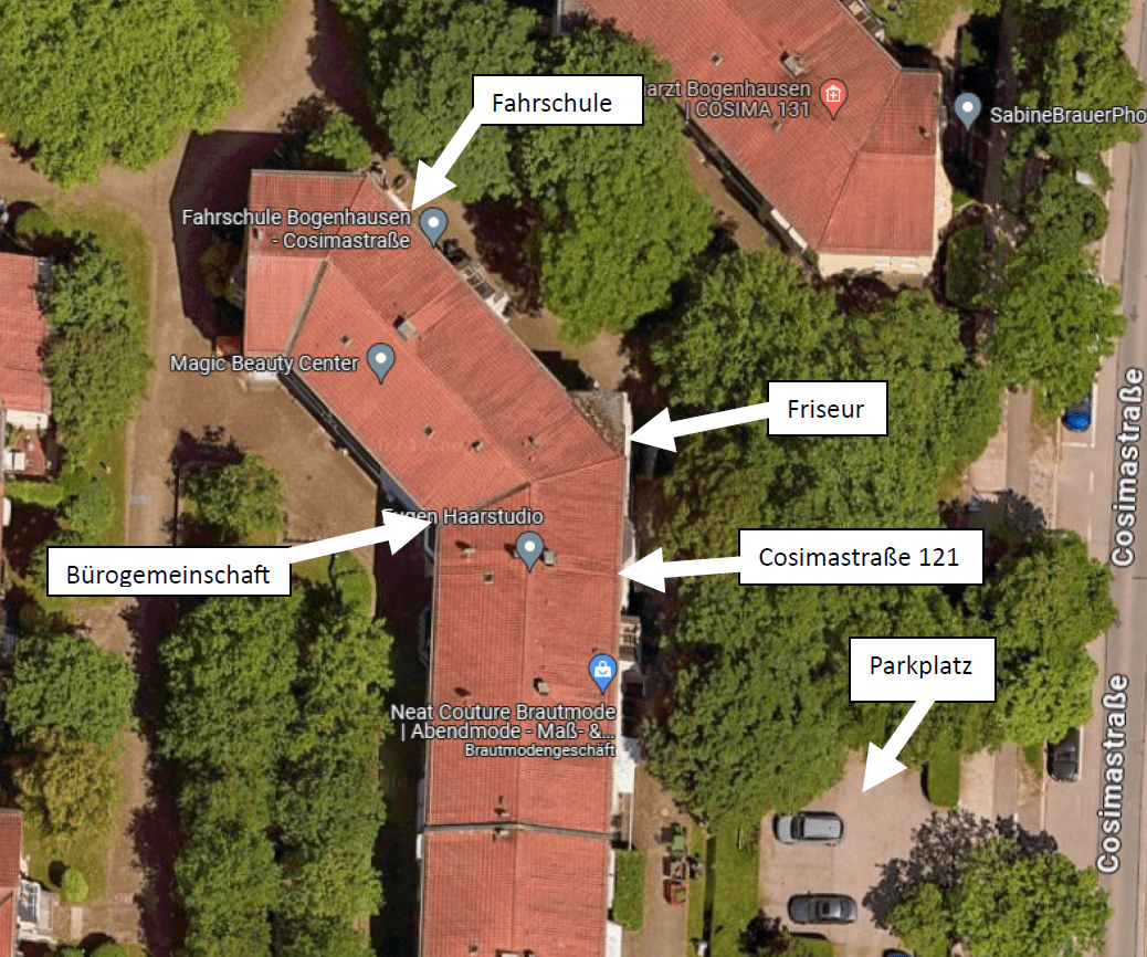 Lageplan mit dem Weg vom Friseur um die Fahrschule herum zum Eingang